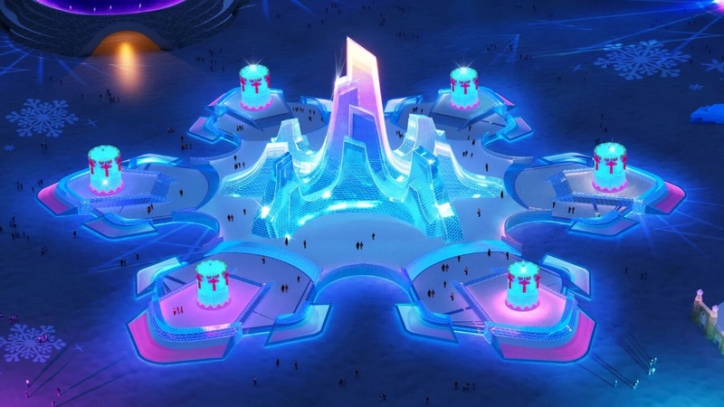 哈尔滨冰雪大世界主塔“冰灯启梦”全景效果图。