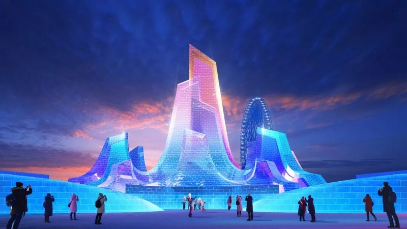 哈尔滨冰雪大世界主塔“冰灯启梦”效果图。
